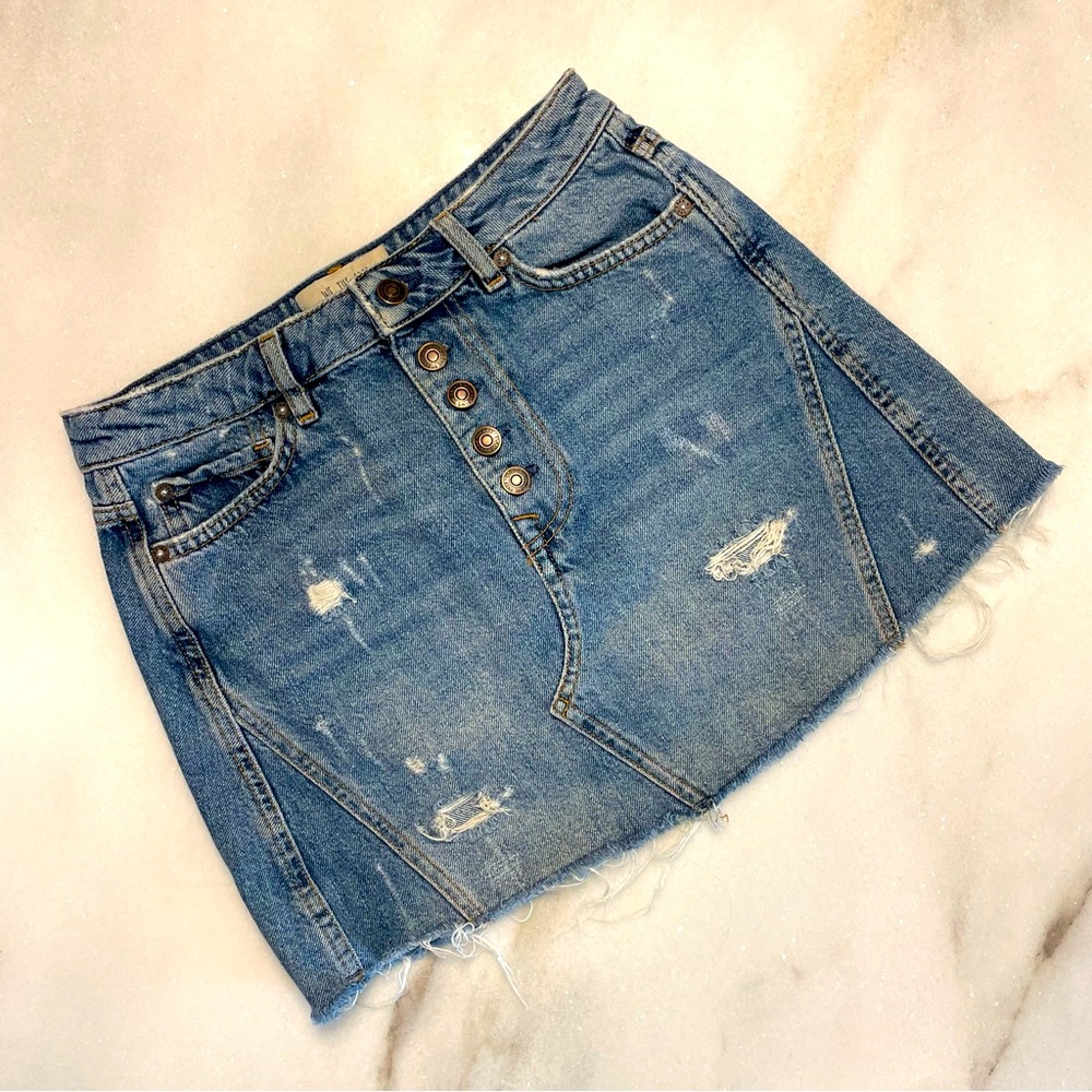 We The Free Distressed Denim Button-Fly Mini Skirt